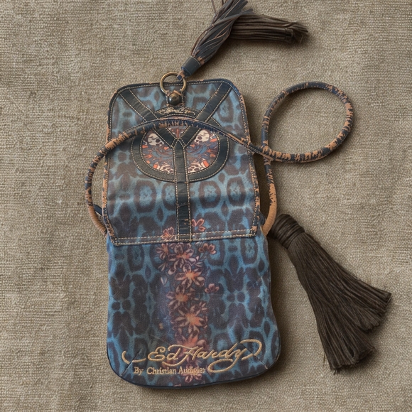 Ed Hardy Handbags - Ed Hardy Blue and Brown Floral Leopard Crossbody Pouch with Tassel